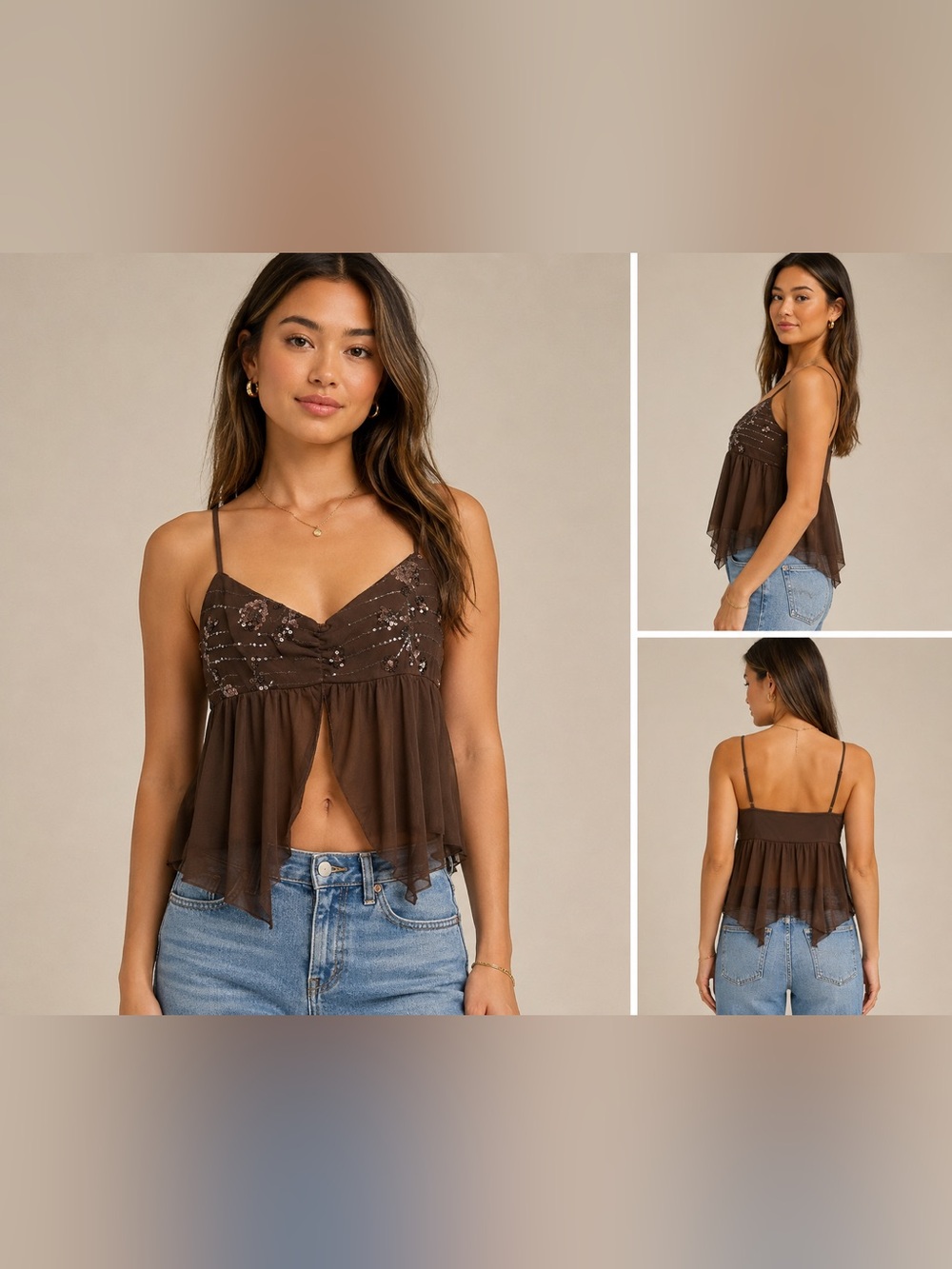 Mixed Threads Los Angeles XL Brown Sequin Embellished Sheer Babydoll Cami TopNWT